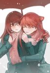  2girls :o bow breath closed_eyes coat glasses green_coat hair_bow holding holding_umbrella hug hug_from_behind long_hair long_sleeves looking_at_another mole mole_under_eye multiple_girls open_mouth persona persona_5 persona_5_the_royal pink_scarf ponytail rectangular_eyewear red_bow red_eyes red_hair scarf siblings simple_background sisters smile snowing teeth u_u umbrella upper_body upper_teeth_only user_onekestrel white_background yoshizawa_kasumi&#039;s_sister yoshizawa_sumire 