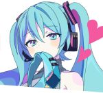  1girl aqua_eyes aqua_hair aqua_necktie bare_shoulders blush_stickers cropped_torso grey_shirt hair_ornament hashtag_only_commentary hatsune_miku headphones holding_necktie long_hair mouth_hold necktie portrait shirt simple_background sleeveless sleeveless_shirt solo twintails vocaloid vs0mr white_background 