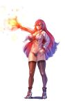  1girl bow_(bhp) bra breasts fire flame highres large_breasts long_hair magic no_pants open_clothes open_shirt original panties red_hair shirt solo standing thighhighs underwear very_long_hair 