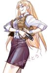  1girl artist_name blonde_hair blue_eyes bracelet breasts brown_vest character_request cocking_gun collared_shirt copyright_request from_side glasses gun hair_behind_ear highres holding holding_gun holding_weapon jewelry long_hair medium_breasts parted_bangs pencil_skirt purple_skirt round_eyewear shirt simple_background skirt solo very_long_hair vest weapon white_background white_shirt yonemura_kouichirou 