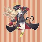  armband black_coat black_tail black_wings blonde_hair blue_archive blush_stickers bow coat demon_tail demon_wings gehenna_academy_logo halo hat highres ibuki_(blue_archive) peaked_cap pink_bow red_armband sleeves_past_fingers sleeves_past_wrists striped_background stuffed_animal stuffed_toy tail teddy_bear vrpr4422 wings yellow_eyes yellow_footwear yellow_halo 