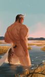  1boy absurdres animal_ears bara brown_hair covering_privates cow_ears cow_horns cow_tail da_tan_lu_(goo) facial_hair feet_out_of_frame from_behind goatee goo_(koushishikou11) highres horns lake large_pectorals long_sideburns male_focus muscular muscular_male mutton_chops nude_cover original pectorals scar scar_on_face scar_on_nose short_hair sideburns sidepec sparse_arm_hair sparse_leg_hair standing sunset tail thick_eyebrows thick_thighs thighs wading 