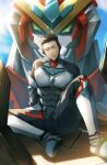  1boy ao_isami artist_request black_bodysuit black_hair bodysuit bravern facial_hair full_body giant_hand highres looking_to_the_side male_focus mecha robot sideburns_stubble stubble sunlight thick_eyebrows thick_thighs thighs yuuki_bakuhatsu_bang_bravern 