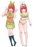  1girl :d absurdres airo arm_at_side arm_under_breasts bare_arms bare_legs bare_shoulders bikini black_socks blue_eyes blush breasts cleavage closed_mouth collarbone collared_shirt commentary eyebrows_hidden_by_hair full_body go-toubun_no_hanayome green_bikini green_ribbon green_skirt hair_between_eyes hair_ribbon hands_up highres kneehighs knees_together_feet_apart large_breasts looking_at_viewer medium_hair miniskirt multiple_views nakano_yotsuba navel no_shoes orange_hair pleated_skirt ribbon school_uniform shirt short_sleeves simple_background skirt smile socks solo split_mouth standing straight_hair sweater_vest swimsuit teeth upper_teeth_only white_background white_ribbon white_shirt yellow_sweater_vest 