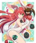  1boy 1girl animal_ears ankh breasts brown_hair chibi cleavage colored_inner_hair easter_egg egg elbow_gloves fake_animal_ears fake_tail gloves green_eyes guilty_gear guilty_gear_strive hair_between_eyes halo headband highres jack-o&#039;_valentine knight_servant large_breasts leotard long_hair looking_at_viewer multicolored_hair one_eye_closed playboy_bunny rabbit_ears rabbit_girl rabbit_tail red_hair sol_badguy spiked_hair spiked_halo strapless strapless_leotard tail two-tone_hair ume_(okum_00) white_gloves white_hair white_leotard 