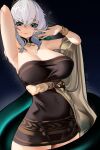  1girl absurdres arknights arm_up armpits black_dress bracelet breasts commentary covered_navel cowboy_shot dress green_eyes grey_hair head_wings highres ho&#039;olheyak_(arknights) ho&#039;olheyak_(carriage_of_the_winds_of_time)_(arknights) jewelry large_breasts looking_at_viewer medium_hair mini_person naxius_noxy official_alternate_costume shawl smile snake_tail solo strapless strapless_dress symbol-only_commentary tail wings 