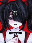  1girl ame-chan_(needy_girl_overdose) black_eyes black_hair black_ribbon close-up collared_shirt hair_ornament hair_over_one_eye hand_up hashtag-only_commentary looking_at_viewer needy_girl_overdose open_mouth oubaisameko_181 red_background ribbon shirt sidelocks simple_background solo teeth twintails white_shirt x_hair_ornament 