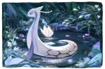  alternate_color animal_focus border character_name commentary flower highres lotus milotic natsumekan no_humans pink_flower plant pokemon pokemon_(creature) pond scales shiny_pokemon tail water white_border 