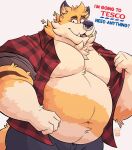 2024 anthro belly big_belly big_muscles bottomwear canid canine clothed clothing ear_piercing english_text eyebrows facial_piercing flannel flannel_shirt fox fur hi_res looking_at_viewer love_handles male mammal moobs musclegut muscular muscular_anthro muscular_male navel nose_piercing nose_ring open_clothing open_shirt open_topwear overweight overweight_anthro overweight_male pants pecs piercing reaction_image ring_piercing shirt simple_background skai smile solo standing stompsthecroc talking_to_viewer teeth tesco text topwear tuft white_background