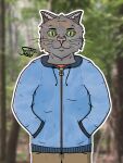 anthro blue_clothing blue_hoodie blue_topwear citrusseed clothing digital_drawing_(artwork) digital_media_(artwork) domestic_cat felid feline felis forest forest_background fur green_eyes grey_body grey_fur hand_in_pocket hi_res highlights_(coloring) hoodie khaki_pants male mammal mottled mottled_body mottled_fur nature nature_background orange_clothing orange_shirt orange_topwear outline pink_nose plant pockets shaded shirt signature smile smiling_at_viewer solo topwear tree whiskers white_outline white_sclera