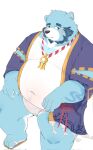 2024 anthro asian_clothing bear beard belly big_belly blue_body blush bonasiah clothing east_asian_clothing facial_hair footwear full_attack fundoshi hi_res japanese_clothing kemono male mammal mature_male moobs navel overweight overweight_male sandals simple_background solo sophring_jie tengzai05 underwear white_background white_body white_clothing white_fundoshi white_underwear