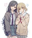  2girls :o arm_at_side azusawa_kohane black_hair blonde_hair blue_hair blush brown_cardigan buttons cardigan collared_shirt commentary_request cowboy_shot diagonal-striped_clothes diagonal-striped_necktie gradient_hair grey_cardigan hair_ornament hairpin hand_on_another&#039;s_shoulder hands_up highres holding jangwa_o kamiyama_high_school_uniform_(project_sekai) korean_commentary long_hair long_sleeves looking_at_viewer miyamasuzaka_girls&#039;_academy_school_uniform multicolored_hair multiple_girls neckerchief necktie one_eye_closed open_mouth orange_eyes plaid plaid_skirt pleated_skirt pocket project_sekai red_neckerchief sailor_collar school_uniform shiraishi_an shirt short_twintails simple_background skirt smile star_(symbol) striped_clothes twintails white_background white_shirt 