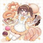  1girl apron artist_name bright_pupils brown_eyes brown_hair doughnut dress drill_hair emma_(kumaema) food frilled_apron frills gambol_shroud hairband highres holding holding_plate holding_tongs looking_at_viewer necktie orange_dress original outline pastry plate puffy_short_sleeves puffy_sleeves seiza short_sleeves sidelocks sitting solo thighhighs tongs twin_drills twintails white_outline white_thighhighs yellow_hairband yellow_necktie 