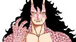  1boy absurdres alternate_form black_hair claws closed_mouth collarbone commentary english_commentary fangs highres jolsuke kouzuki_momonosuke long_hair looking_at_viewer male_focus one_piece simple_background solo wavy_hair white_background 