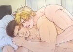  2boys abs alternate_facial_hair ao_isami bara black_hair blonde_hair couple cuddling facial_hair hand_up heads_together kdk13_(bio_kadoki13) lewis_smith lying male_focus multiple_boys muscular muscular_male nude on_bed on_side sideburns_stubble sparse_stubble stubble thick_eyebrows upper_body yaoi yuuki_bakuhatsu_bang_bravern 