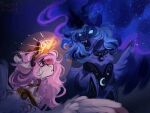  blue_hair blue_sclera celestia_(my_little_pony) colored_sclera floating_hair long_hair looking_at_another luna_(my_little_pony) my_little_pony my_little_pony:_friendship_is_magic pink_hair purple_eyes tears very_long_hair wavy_hair 