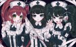  3girls ao_(ao0_0nemu) armband bad_id bad_twitter_id bandaged_hand bandages black_hair blue_eyes bow brown_hair claw_pose commentary_request covering_own_mouth fang gaaruru_(pripara) gothic_lolita hair_bow hand_over_own_mouth hands_up hat headphones highres holding holding_syringe intravenous_drip juliet_sleeves kurosu_aroma lolita_fashion long_hair long_sleeves looking_at_viewer multiple_girls nurse_cap open_mouth ponytail pretty_series pripara puffy_sleeves red_hair scissors shiratama_mikan sidelocks syringe twintails yellow_eyes 