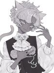  1girl animal_ears ao_(ao0_0nemu) ascot bad_id bad_twitter_id black_jacket cat_ears cat_girl cat_tail closed_mouth collared_shirt colored_skin floral_print grey_eyes grey_skin greyscale hand_on_own_chest hands_up jacket long_sleeves looking_at_viewer monochrome original parted_bangs puffy_long_sleeves puffy_sleeves shirt short_hair simple_background sleeveless sleeveless_jacket smile solo tail upper_body white_ascot white_background white_shirt 