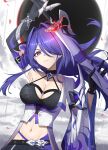  1girl absurdres acheron_(honkai:_star_rail) arm_up black_choker black_gloves breasts chain choker cleavage commentary gloves hair_intakes halterneck highres holding holding_sword holding_weapon honkai:_star_rail honkai_(series) katana large_breasts long_hair looking_at_viewer midriff navel parted_lips purple_eyes purple_hair scabbard sheath single_bare_shoulder smile solo stomach sword talo_(63078778) upper_body very_long_hair weapon 