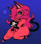  animal_crossing anthro bone breasts cleavage clothed clothing eyeshadow fan_character felid feline female hair hi_res looking_at_viewer makeup mammal mickey_(toxicsoul77) narrowed_eyes nintendo red_body red_eyes red_hair signature skull solo star thick_thighs tongue tongue_out toxicsoul77 video_games 