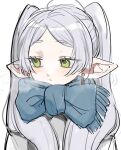  1girl blue_scarf blush closed_mouth coat commentary_request earrings elf frieren green_eyes highres jewelry long_hair looking_at_viewer pointy_ears scarf simple_background solo sousou_no_frieren twintails u0oouo upper_body white_background white_coat white_hair 