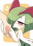  bags_under_eyes colored_skin green_hair half-closed_eyes hand_grab highres horns ino_(tellu0120) kirlia multicolored_skin out_of_frame parted_lips pink_eyes pokemon pokemon_(creature) simple_background sweatdrop two-tone_skin white_skin yellow_background 