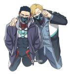  2boys ao_isami black_hair blonde_hair bodysuit bodysuit_under_clothes cropped_legs facial_hair from_above hand_on_another&#039;s_shoulder highres jacket lewis_smith looking_at_viewer male_focus mask mouth_mask multiple_boys one_eye_closed open_clothes open_jacket sideburns_stubble standing stubble thick_eyebrows yuuki_bakuhatsu_bang_bravern yuzuki_(hmr813k) 