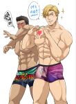  2boys abs alternate_muscle_size ao_isami bara black_hair blonde_hair blush boxer_briefs bulge couple cowboy_shot facial_hair hal_(harenchiou) heart heart_hands highres large_pectorals lewis_smith looking_at_viewer male_focus male_underwear mixed-language_text multilingual multiple_boys muscular muscular_male nipples pectorals print_male_underwear shy sideburns_stubble sparkle standing stomach strongman_waist stubble thick_eyebrows topless_male underwear yaoi yuuki_bakuhatsu_bang_bravern 