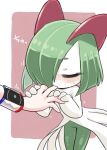  biting_another&#039;s_finger closed_eyes colored_skin dynamax_band green_hair hair_over_one_eye hand_grab highres horns ino_(tellu0120) kirlia multicolored_skin out_of_frame pokemon pokemon_(creature) sidelocks simple_background sweat two-tone_skin white_skin 