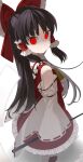  1girl absurdres bow brown_hair closed_mouth detached_sleeves frilled_bow frilled_hair_tubes frills glaring glowing glowing_eyes hair_bow hair_tubes hakurei_reimu highres keiki8296 light_frown long_hair looking_at_viewer red_bow red_eyes red_skirt ribbon-trimmed_sleeves ribbon_trim skirt skirt_set solo touhou 