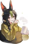  1boy animal_ear_fluff animal_ears black_hair blush bright_pupils cup double-parted_bangs fox_ears genshin_impact green_hair green_sweater hair_between_eyes hand_up highres holding holding_cup long_hair long_sleeves looking_at_viewer male_focus mug multicolored_hair round_teeth sil435 solo sweater teeth tighnari_(genshin_impact) two-tone_hair upper_body white_background 