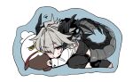  1boy alternate_eye_color barefoot black_horns black_pants black_vest blue_eyes chibi chibi_only command_spell curled_horns dragon_boy dragon_horns dragon_tail dragon_wings fate/apocrypha fate_(series) grey_tail grey_wings hair_between_eyes haoro hippogriff horns hugging_object large_tail light_blush lightning_ahoge male_focus one_eye_closed pants sieg_(fate) solo stuffed_animal stuffed_toy sweatdrop swirl tail tail_through_clothes vest white_background white_sleeves wings 