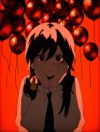  1girl absurdres apricot_(vocaloid) backlighting balloon black_vest bright_pupils commentary_request film_grain hair_half_undone hair_ribbon hanabukuro hands_on_own_cheeks hands_on_own_face highres long_hair long_sleeves looking_at_viewer low_twintails nervous_sweating red_background ribbon scared simple_background solo straight-on sweat twintails upper_body vest vocaloid white_pupils white_sleeves wide-eyed 