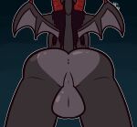 2024 2_horns anthro anus azazel_(blissman2020) backsack balls big_balls big_butt black_body black_hair butt claws demon faceless_anthro faceless_character faceless_male genitals grey_balls grey_body grey_perineum hair horn low-angle_view male membrane_(anatomy) membranous_wings perineum pink_anus rear_view red_horn solo standing ultilix wing_claws wings