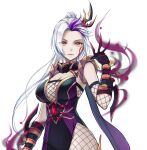  1girl armor asymmetrical_legwear black_gloves breasts cleavage facial_mark fishnets forehead game_cg gem gloves grey_hair hair_ornament high_ponytail large_breasts lips long_hair looking_at_viewer master_of_eternity multicolored_hair ninja non-web_source official_art purple_hair raiden_(master_of_eternity) red_gemstone sideboob simple_background solo spiked_armor streaked_hair transparent_background two-tone_hair uneven_legwear very_long_hair yellow_eyes 