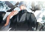  1boy absurdres animal bird black_robe blue_eyes blurry crow depth_of_field gojou_satoru highres jujutsu_kaisen leaf light looking_up male_focus open_mouth outdoors robe shadow smile solo teeth upper_body yoon_(dmsco1803) 