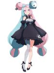  1girl alternate_costume bare_shoulders black_dress black_footwear blue_hair bow-shaped_hair character_hair_ornament detached_sleeves dress eyelashes full_body grey_pantyhose hair_ornament high_heels highres iono_(pokemon) kamidan long_hair looking_at_viewer multicolored_hair pantyhose pink_eyes pink_hair pokemon pokemon_sv single_leg_pantyhose sleeves_past_fingers sleeves_past_wrists smile solo teeth twintails two-tone_hair very_long_hair white_background 