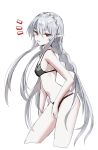  1girl arknights bare_arms bare_shoulders bikini black_bikini breasts commentary_request fang from_side grey_hair highres horn/wood long_hair looking_at_viewer navel official_alternate_costume pale_skin pointy_ears red_eyes skin_fang skinny small_breasts solo swimsuit thighs upper_body warfarin_(arknights) warfarin_(casual_vacation)_(arknights) 