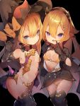  2girls :d abercrombie_(azur_lane) azur_lane bare_shoulders bikini black_background black_dress black_gloves black_hairband black_headwear black_legwear bow breasts closed_mouth commentary_request dress elbow_gloves fake_horns fang gloves groin hair_ornament hairband halloween hand_on_headwear hand_up hat hat_bow horns index_finger_raised looking_at_viewer multiple_girls navel o-ring o-ring_bikini open_mouth orange_bow puffy_short_sleeves puffy_sleeves revealing_clothes semimarusemi short_sleeves simple_background small_breasts smalley_(azur_lane) smalley_(candy_courier)_(azur_lane) smile swimsuit thighhighs witch_hat yellow_bikini 