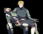  2boys ao_isami black_bodysuit black_hair blonde_hair blood blood_on_face bodysuit carrying carrying_person couple dog_tags facial_hair feet_out_of_frame highres holding holding_jewelry holding_necklace jewelry jumpsuit lewis_smith male_focus multiple_boys necklace parody_request sideburns_stubble stubble thick_eyebrows yaoi yuuki_bakuhatsu_bang_bravern yuzuki_(hmr813k) 