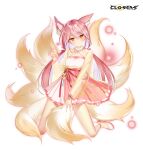  1girl alternate_hair_color animal_ear_fluff animal_ears ankle_bell claw_pose cleavage_cutout closers clothing_cutout copyright_name dot_mouth dress expressionless fingernails flat_chest fox_ears fox_girl fox_tail full_body hand_up head_tilt highres kitsune kneeling kyuubi layered_dress light_particles logo long_fingernails long_hair long_sleeves looking_at_viewer low_twintails multiple_tails no_pupils official_art orange_eyes pink_dress pink_hair see-through see-through_sleeves solo tachi-e tail tina_(closers) twintails two-tone_dress white_background white_footwear yellow_dress yellow_sleeves yellow_tail 