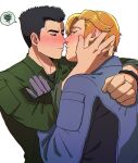  2boys ao_isami black_hair blonde_hair blush couple facial_hair guruo_(gur_sp) hand_on_another&#039;s_head highres imminent_kiss lewis_smith male_focus multiple_boys sideburns_stubble spoken_squiggle squiggle stubble thick_eyebrows upper_body yaoi yuuki_bakuhatsu_bang_bravern 