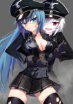  2girls arm_around_waist artistic_error bite_mark bite_mark_on_neck black_jacket black_skirt black_thighhighs blood blood_on_face blue_eyes blue_hair breast_pocket breasts brown_shirt buttons cleavage clenched_teeth colored_skin commission corruption dark_persona drooling fangs glasses gloves grey_background grey_gloves hat highres holding_another&#039;s_wrist jacket jiseki_rena long_hair medium_breasts medium_hair military_uniform miniskirt multiple_girls nazi original peaked_cap pixiv_commission pleated_skirt pocket red_eyes reichsadler restrained shirt sigrunen simple_background skirt teeth thighhighs thighs torn_clothes totenkopf tsurime uniform upper_teeth_only v-shaped_eyebrows very_long_hair white_hair white_skin zettai_ryouiki 