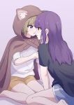  2girls absurdres animal_costume bare_legs barefoot black_shirt blue_eyes blue_shorts brown_cape brown_eyes brown_hair cape cat_costume commentary_request eye_contact highres hood hooded_cape long_hair looking_at_another multiple_girls novi_visual original parted_lips purple_background purple_hair shirt short_hair short_sleeves shorts simple_background sitting wariza white_shirt yellow_shorts yuri 