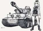  1girl ankle_boots ballpoint_pen_(medium) bangs boots closed_mouth coat coat_on_shoulders commentary cross-laced_footwear crossed_arms dress_shirt frown garrison_cap girls_und_panzer ground_vehicle hat highres insignia itsumi_erika jacket kuromorimine_military_uniform long_sleeves looking_at_viewer medium_hair military military_hat military_uniform military_vehicle miniskirt motor_vehicle nspa_(spa-jcs) pleated_skirt shirt skirt socks solo standing tank tiger_i traditional_media twitter_username uniform wing_collar 