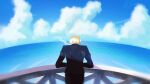  1boy back blonde_hair cloud cloudy_sky commentary english_commentary formal highres long_sleeves male_focus mcdobo ocean one_piece outdoors sanji_(one_piece) short_hair sky smoke solo standing suit water 
