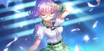  1girl absurdres artist_request belt bow breasts drill_hair frills glasses green_eyes hair_ornament heaven_burns_red highres higuchi_seika idol_clothes puffy_sleeves purple_hair second-party_source solo stage_lights twin_drills 