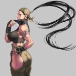  1girl ass bandana bare_shoulders black_hair breasts brown_eyes clothing_cutout commentary_request covered_nipples from_side gloves grey_background hand_on_own_hip ibuki_(street_fighter) japanese_clothes large_breasts long_hair looking_at_viewer midriff muscular muscular_female ninja pants ponytail pulled_by_self shu-mai simple_background sleeveless solo street_fighter street_fighter_iii_(series) thigh_cutout turtleneck very_long_hair 