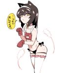  1girl animal_ears aomushi_(mushamusha) black_hair blush cat_cutout cat_ear_panties cat_ears cat_girl cat_lingerie clothing_cutout girls_und_panzer highres long_hair looking_at_viewer meme_attire navel panties paw_pose reizei_mako side-tie_panties solo translation_request underwear yellow_eyes 