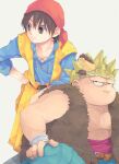  29qmatatavi 2boys animal animal_on_head bandana bare_shoulders belt belt_buckle blue_shirt bracelet brown_eyes brown_hair buckle chest_hair closed_mouth coat collarbone dragon_quest dragon_quest_viii fat fat_man grey_background hand_on_own_hip hero_(dq8) highres jewelry male_focus mouse multiple_boys munchie_(dq8) on_head open_clothes open_coat parted_lips pectorals red_bandana sash scar scar_on_cheek scar_on_face shirt short_hair spiked_helmet yangus yellow_coat 